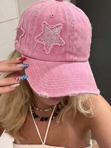 1pc Washed Baseball Cap, Distressed Star Patch Vintage Dad Hat, Y2K Street Style Distressed Pointed Cap, Women's Daily Outdoor Style - Star Patch Baseball Cap - View 2