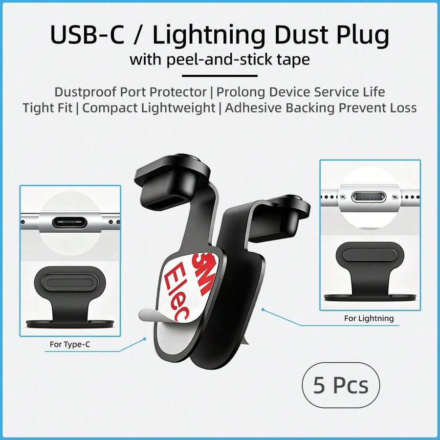 Penutup Debu USB-C/Lightning Anti Hilang dengan Perekat untuk Port Pengisian Daya Ponsel, 5 Buah Pelindung Port Pengisi Daya Universal Tipe C Lightning untuk iPhone dan Ponsel Android - Hitam - View 1