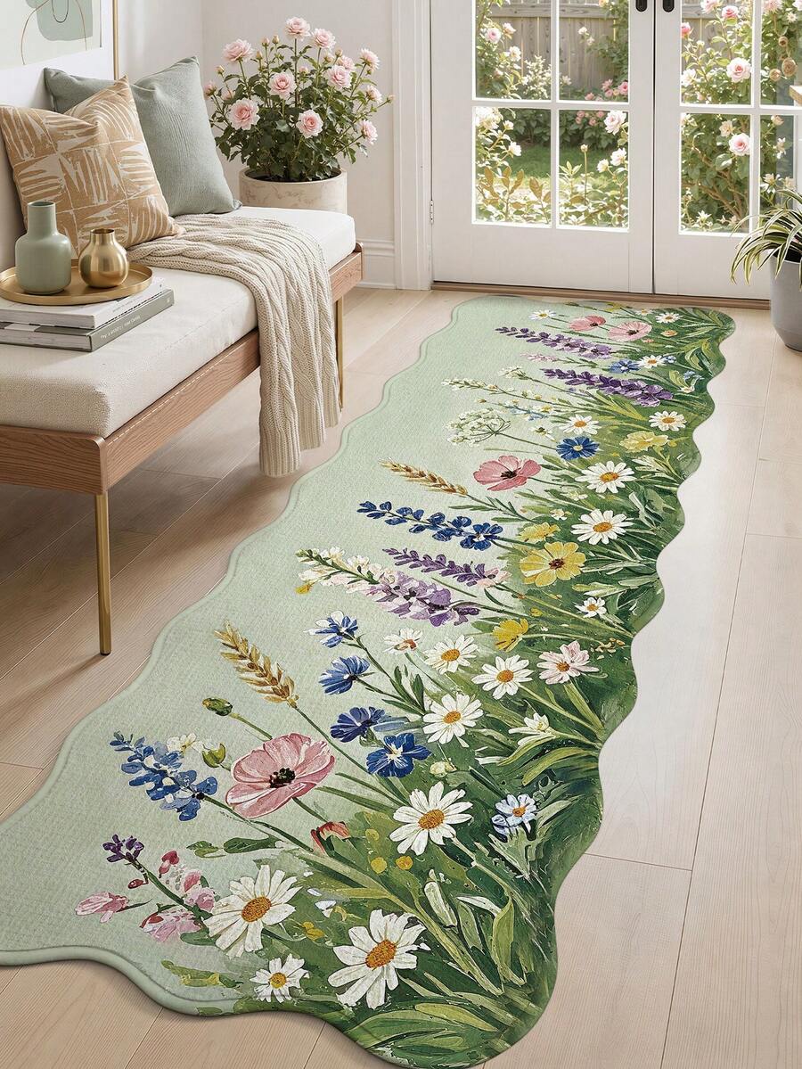 DAJIANG 1pc Floral Long Runner Rug, Suitable For Bathroom, Kitchen, Outdoor, Hallway, Bedroom, Living Room, Machine Washable Easy To Clean, Non-Slip Entryway Mat, Bedroom Decor Carpet Accessory