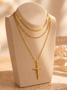 Conjunto de 3 collares de acero inoxidable 304 de 2026 Otoño/Invierno, conjunto de cadenas de cuello exquisitas chapadas en oro de 18K, joyería de cadena multicapa con colgante de cruz y hoja, collar a prueba de agua y de baja alergia, regalo ideal de Navidad, accesorio diario para fiestas y vacaciones, regalo de Halloween, Navidad y Año Nuevo - Dorado - Ver 5