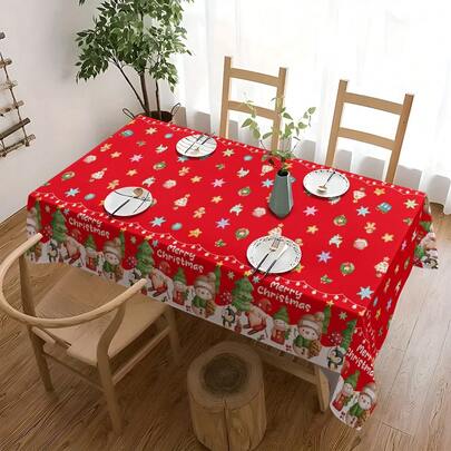 1pc/3pcs Christmas Elf Disposable Plastic Tablecloth, Festive Red Background With Cute Santa Claus, Snowman, Christmas Tree Patterns, Full Of Childhood Charm, Perfect For Christmas Party, Holiday Dinner, Christmas Party, Birthday Party, Outdoor Picnic Tablecloth Decor 137*274cm