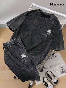 Hemo, Men's Street Style Graphic T-Shirt And Shorts Set, Stretchy Washed Black Casual Beach Holiday 2-Piece Outfit - Black - View 2