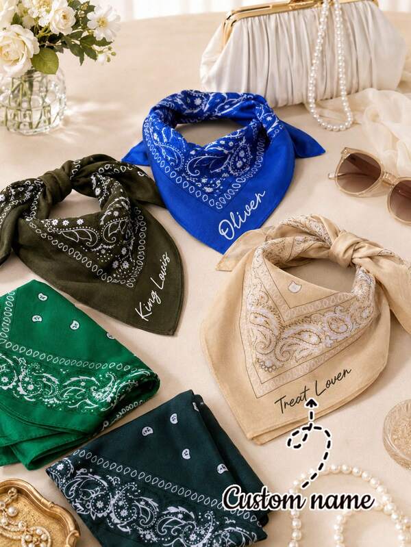 Bandana Bordir yang Dipersonalisasi, Sapu Tangan Denim Western Kustom untuk Wanita, Syal Motif Paisley, Bandana Pesta Lajang, Bandana Kucing & Anjing