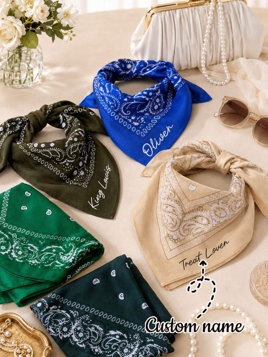 Bandana Bordir yang Dipersonalisasi, Sapu Tangan Denim Western Kustom untuk Wanita, Syal Motif Paisley, Bandana Pesta Lajang, Bandana Kucing & Anjing - MultiWarna - View 1