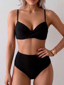 Summer Solid Color Elegant Bohemian Sweet Style Two Pieces Bikini Swimsuit Beach Vacation Set Black - Black - View 4