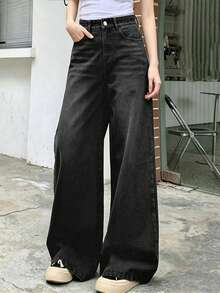 Teen Girl's Loose Washed Wide Leg Pants, Versatile For Daily Wear - Black - View 3