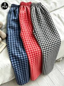 3pcs/Set Women's Plus Size Plaid Loose Casual Pants, Candy Color, High Waist Straight Leg Design, Lightweight & Breathable, Suitable For All Seasons - Multicolor - View 1