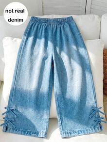 Girls' Casual Fashion Elastic Waist Double Side Slit Double Bow Draped Straight Leg Pants, Spring/Autumn - Blue - View 1