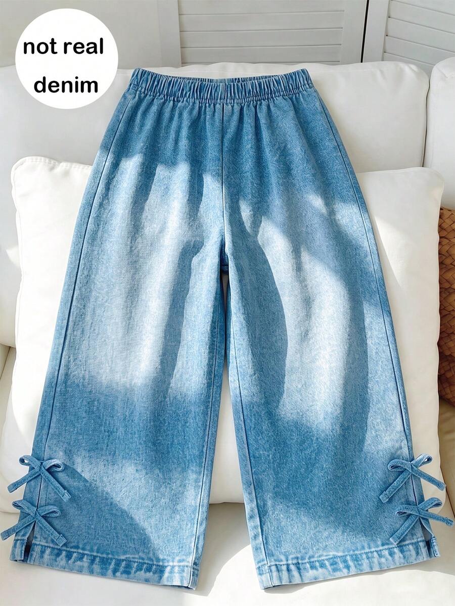 Girls' Casual Fashion Elastic Waist Double Side Slit Double Bow Draped Straight Leg Pants, Spring/Autumn - Blue - View 1