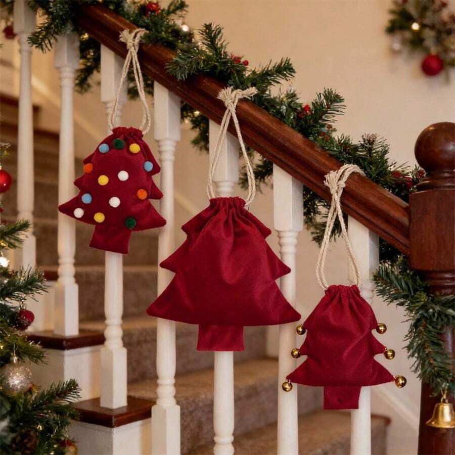 3 Packs Christmas Tree Shaped Velvet Drawstring Gift Bags, Mini Candy Pouches With Pom-Poms & Bells, Hanging Ornament Bags For Christmas Tree, Holiday Party Candy Wraps, Small Christmas Gift Storage Pouches - Multiple Styles - View 1
