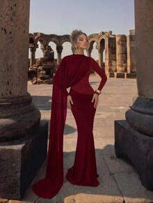 Solid Color Elegant Contrast Mesh Draped Evening Gown For Party And Formal Dinner - Burgundy - View 7
