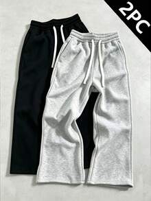 2pcs Men's Loose Wide Leg Sweatpants, Solid Color Versatile Drawstring Straight Leg Casual Sports Pants, Daily Commute Versatile Style - Multicolor - View 4