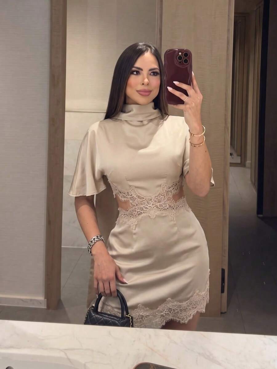GMFP Women's Spring/Summer Casual Elegant Fashion Contrast Lace Satin Texture Hollow Waist Apricot Skirt, Date Daily Gathering Y2K Back To School Graduation Season Women's Outfit Item Halloween Christmas Top - Apricot - View 1