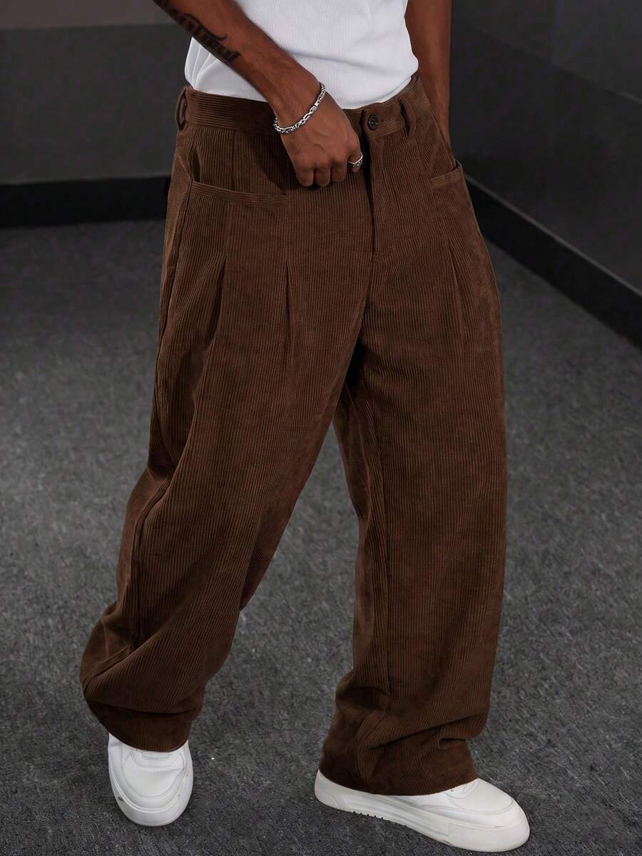 1pc Men's Spring/Autumn American Street Style Casual Loose Corduroy Long Pants - Brown - View 1