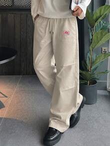 Unisex Apricot Patch Logo Casual Pants, Drawstring Ruched Knee Wide Leg Cargo Long Pants - Apricot - View 3
