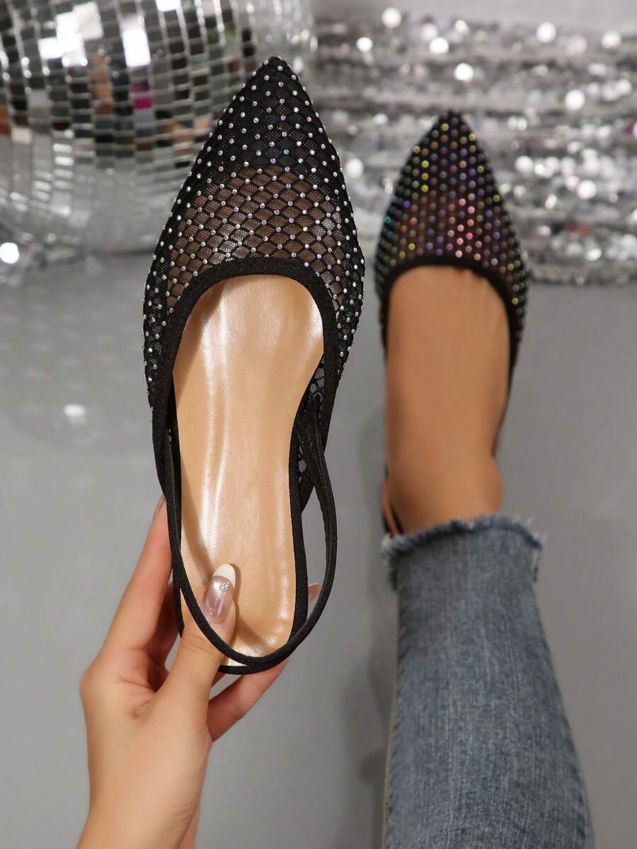 Lightweight Sheer Mesh Mule Shoes, Pointed Toe With Back Strap, Lace Mesh With Rhinestone Toe, Elastic Band Design, Casual Loafers, Elegant Minimalist Commuter Hollow Flat Shoes - Black - View 1