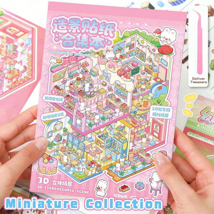 Upgraded Craftsmanship, Scenic Sticker Book, 3D Visual Effect Scene Stickers, Immersive Handmade Collage, Miniature Landscape Stickers, Characters/Animals/Plants/Houses, Unlock Creative Moments, Playable And Collectible 3D Landscape Treasures! - Sticker Book + 1 Iron Tweezers - View 1