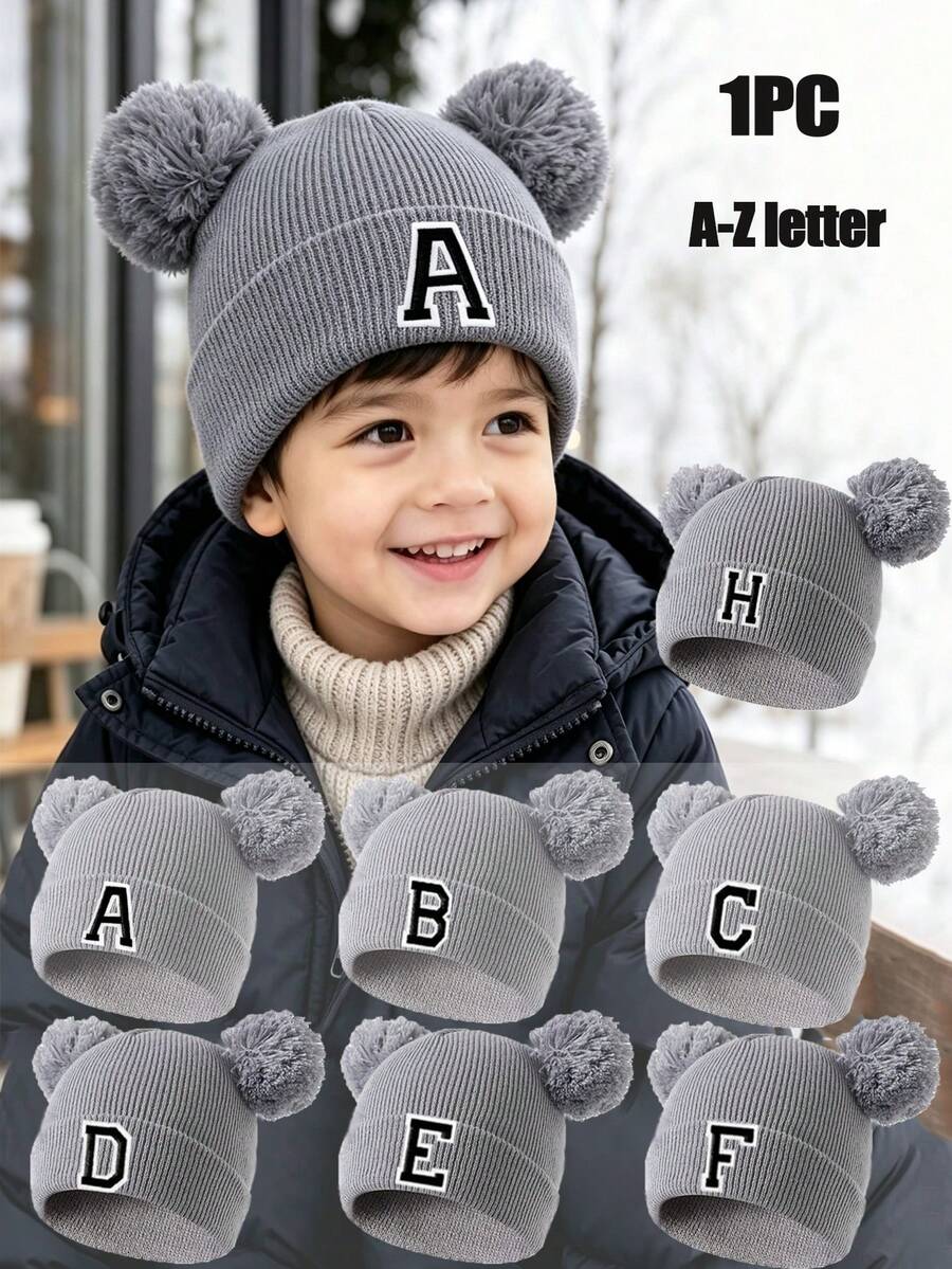 1PC A-Z Letter Baby Knit Double Ball Ear Protection Beanies, Thin Warm ...