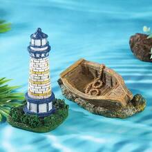 1pc Resin Lighthouse & Wood-Look Boat Aquarium Ornament Set, Nautical Fish Tank Decor, Aquascape Landscape Accessory - A - View 8