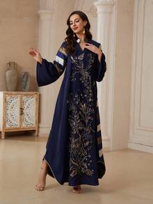 Elegant Women's Small V-Neck Striped Heavy Sequin Long Robe, Loose Slimming Embroidered Evening Gown - NC169 - View 6