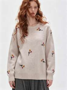 New Autumn/Winter Women's Elegant Gentle Style Botanical Print Round Neck Pullover Sweater - Apricot - View 3