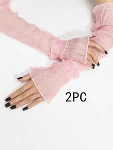 1 Pair/2 Pairs High-End Pleated Solid Color Long Gloves - Pink - View 9