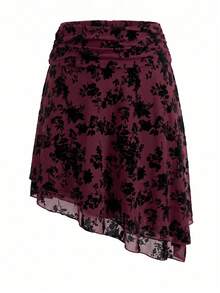 Rok Musim Panas Elegan dengan Detail Jala Berbulu Motif Bunga dan Hem Asimetris - Merah - View 6