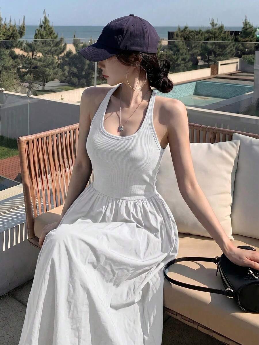 法式風格海軍藍無袖細肩帶背心洋裝 女款夏季華麗優雅白色洋裝 - 白色 - 查看 1