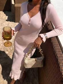 ALA Women's Autumn Light Nude Pink Deep V-Neck Hollow Out Frog Button Long Sleeve Knit Dress, Street Style Dating Vacation Slimming Elastic Fall - Pink - View 5