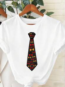 Women's Graphic Bow Print T-Shirt, Crew Neck, Relaxed Fit, Hip-Hop Street Style, Comfortable Fit, Art Print - White - View 2