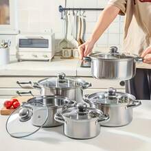 10-Piece Stainless Steel Cookware Set – 5 Pots + Dual-Handle Lids, Compatible With Gas & Electric Stoves, Non-Stick Deep Sauce Pans For Home Cooking, Outdoor Camping, And Holiday Meals Like Ramadan, Thanksgiving, Christmas - View 4