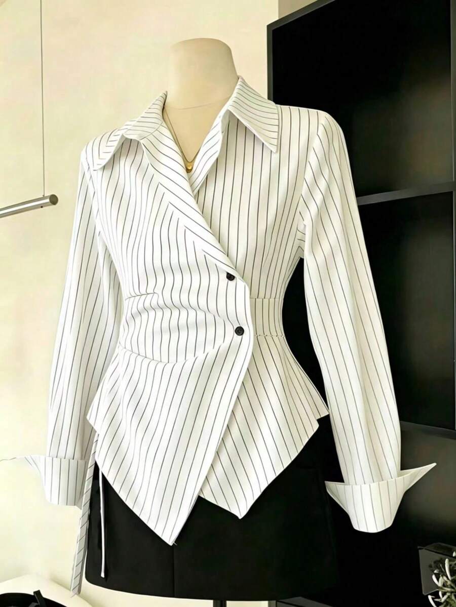 女款春夏/秋冬時尚休閒通勤簡約條紋印花裹身鈕扣前襟不對稱下擺襯衫 白色 - 白色 - 查看 1