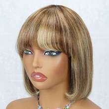 AMECIRE Wig Bob Rambut Manusia Wig Warna Campuran Wig Cokelat Wig Rambut Lurus Wanita Wig Rambut Pendek Dengan Poni Bentuk Mengembang Cocok Untuk Semua Orang - S4/27 - View 8