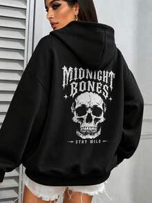 Sweatshirt Pullover Bergambar Tengkorak Ukuran Besar, Sweatshirt Pullover Lengan Panjang Hitam Kasual - Hitam - View 2