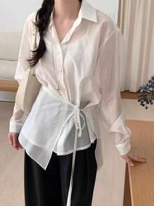 YCYC Korean Chic Design Set 2 Potong Kemeja Lengan Panjang Kerah Kancing Asimetris untuk Wanita Minimalis - Putih - View 2