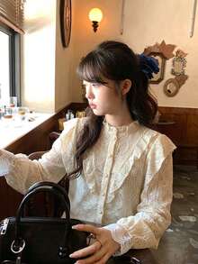 Vintage Style Stand Collar Long Sleeve Shirt With Textured Lace Details - Apricot - View 6