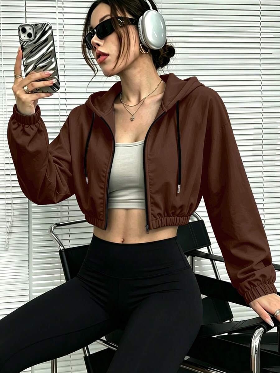 女款輕量連帽防曬短款運動夾克,薄款,戶外休閒短夾克,適合秋冬,注意:修身版型,若需寬鬆請訂購大一號 - 棕色 - 查看 1