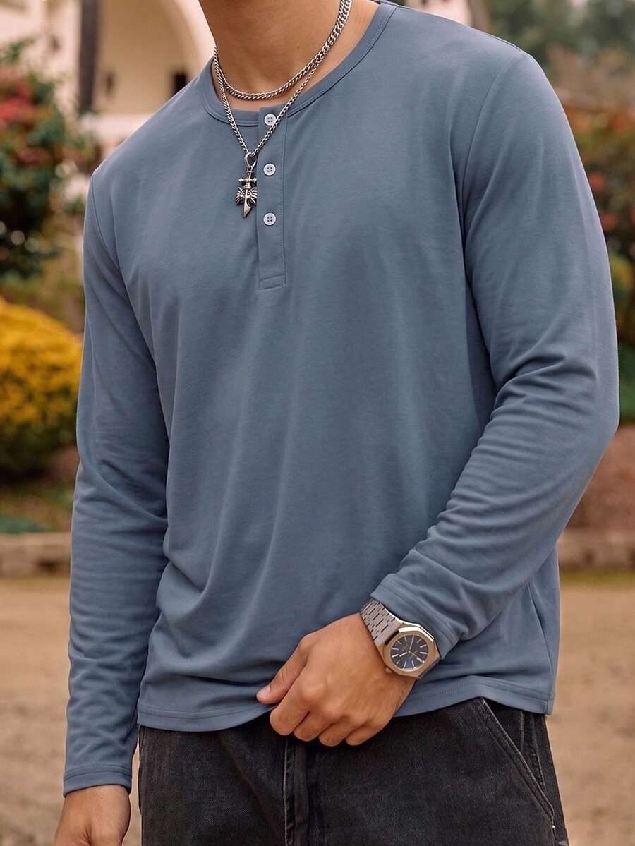 Men's Solid Blue Grey Loose Long Sleeve Henley Shirts Streetwear Button Neck Casual Top - Grey - View 1