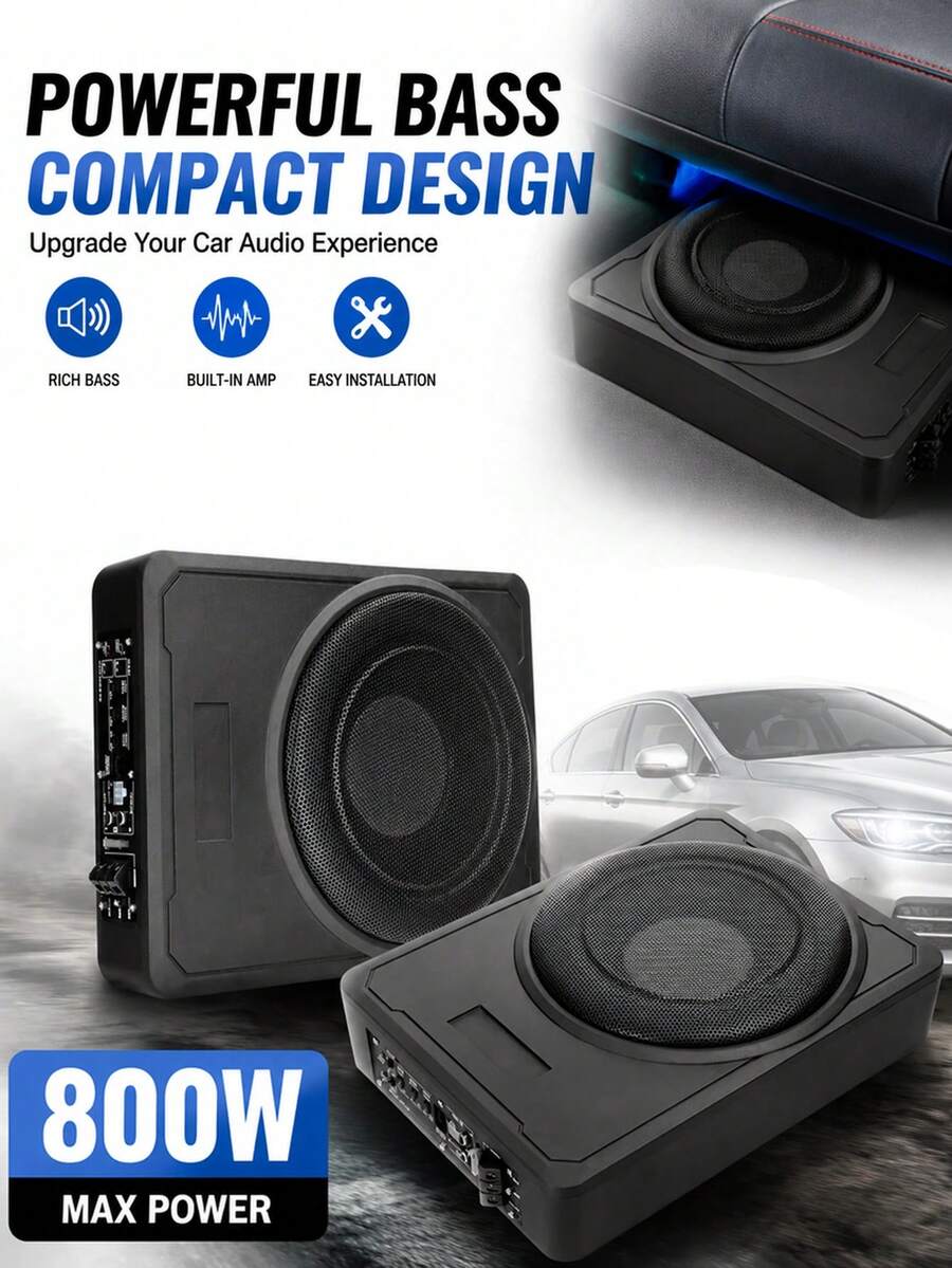 10 Inch 90dB 800W Car Subwoofer Speaker With Amplifier, 10 Inch Ultra-Thin Active Seat Subwoofer For Car