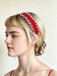 1pc Vintage Plaid Ruffled Hairband, Korean Style Checkered Fringe Headband Hair Accessories - Red - View 2