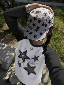 Y2K American Retro New Women's Round Neck T-Shirt Casual Loose Fit American Star Print Pattern Versatile Contrast Color Raglan Sleeve Long White - White - View 6
