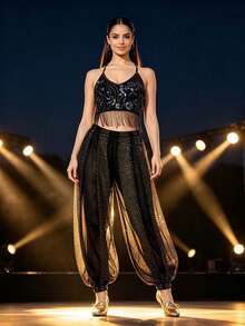 Bohemian Floral Rhinestone Fringe Halter Crop Top With Sparkly Sheer Mesh Harem Pants For Carnival Parades, Desert Festivals & Vacation Shooting (Available In Multiple Colors) - Multicolor - View 11