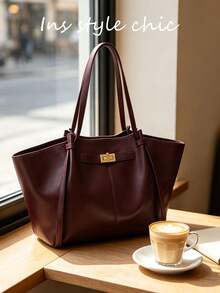 Metal Buckle Minimalist Decoration, Soft Smooth Leather Fabric, Large Capacity To Meet Diverse Storage Needs, Twist Lock Closure Design, Suitable For Daily Commute, Casual Shopping, Short Trips, Versatile Fashion Shoulder Tote Bag - Burgundy - View 4