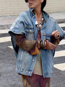 Fashionable Versatile Loose Turndown Collar Denim Jacket, Unique Design Short Sleeve Denim Jacket For Commuting Casual Summer - Light Wash - View 7