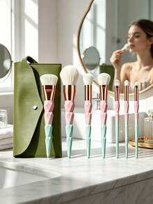 Soft Aesthetic Style Synthetic Bristle Plastic Handle Diamond Cut Faceted Design Pink Green Gradient Rose Gold Metal Band 7pcs Makeup Brush Set With PU Storage Bag Suitable For Foundation Blush Eyeshadow Blending Birthday Gift Travel Vanity All Season Use - Multicolor - View 5