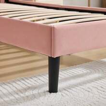 Twin Size Upholstered Platform Bed Frame With Adjustable Headboard, Velvet Single Bed With Wood Slat Support, No Box Spring Needed, Easy Assembly, 90x200cm - 粉色 - 查看 11
