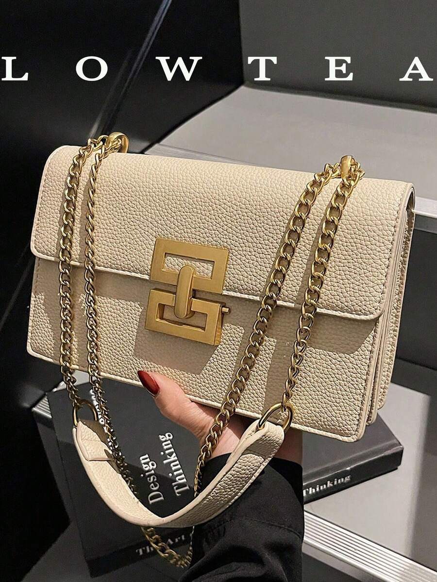 1pc Women PU Leather Solid Color Shoulder Bag, Fashion Lychee Grain Small Square Bag With Metal Chain Strap And Lock Closure, Suitable For Shopping, Dating, Gift For Women, Teens, College Students, And Office Lady
