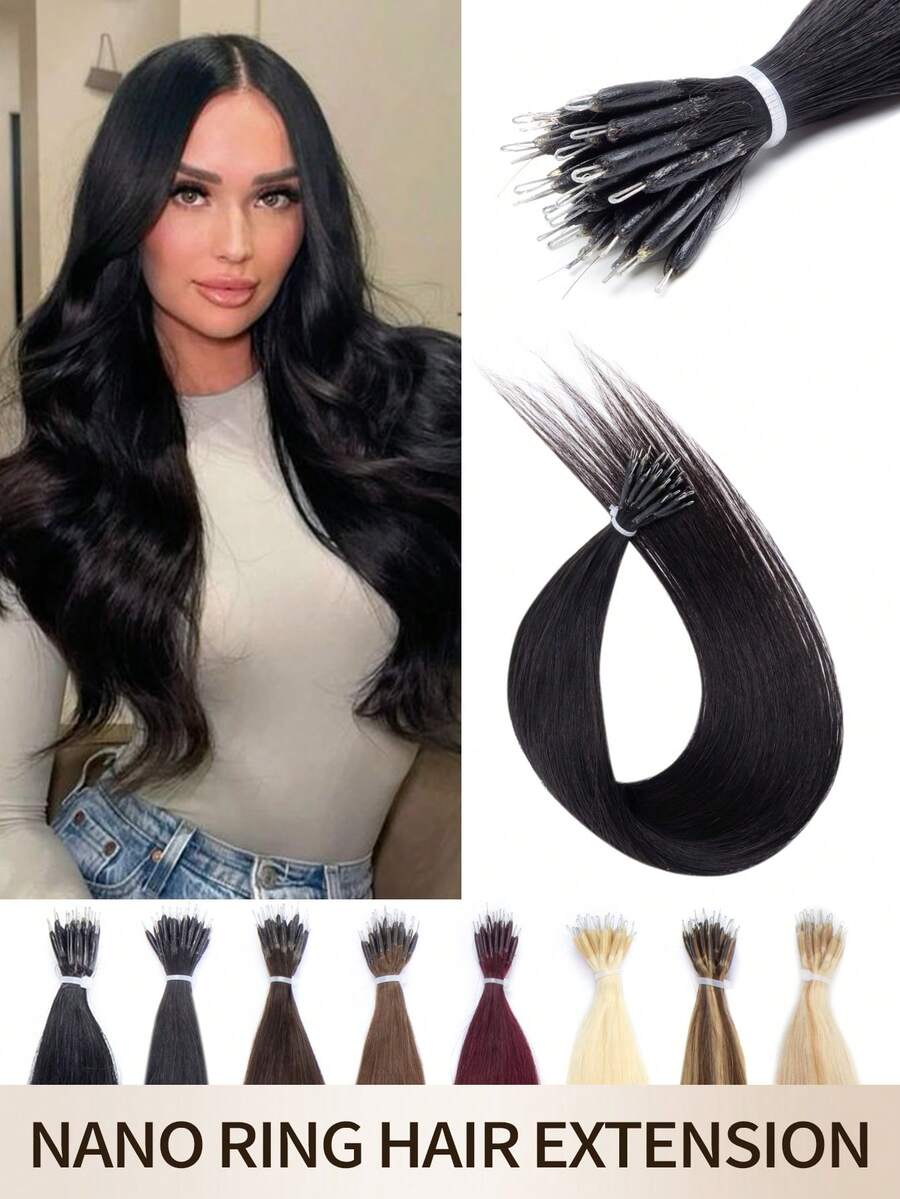 Nano Ring Hair Extensions Human Hair, 16-22 Inch, 25g 25 Strands, Cold Fusion Extensions, Low Visibility Nano Beads, Seamless Blend For Length And Volume With Hair For Women, Perfect For Daily, Party And Wedding Hairstyles - Multicolor - View 1