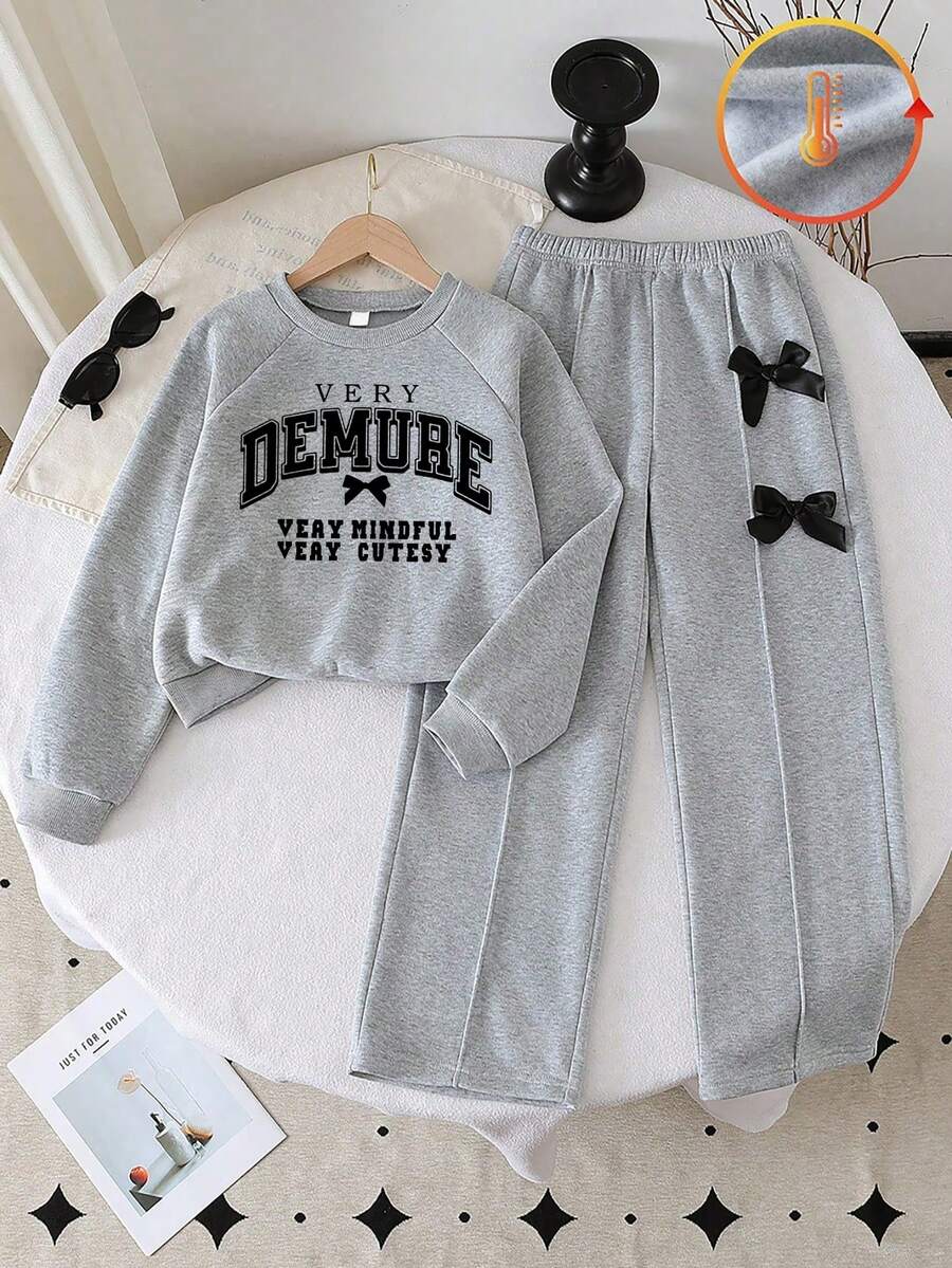 Girls Letter Print Round Neck Long Sleeve Top And Wide Leg Pants With Bow Decor, Autumn/Winter - Grey - View 1