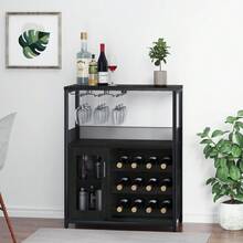 Ataucjin Wine Bar Cabinet,3-Tier Removable Wine Rack Cabinet Glass Holder,Mesh Door Adjustable Shelf Display Cabinet Bar, Waterproof Metal Frame Buffet Cabinet With Storage Coffee Station Bar Cabinet - Black - View 8